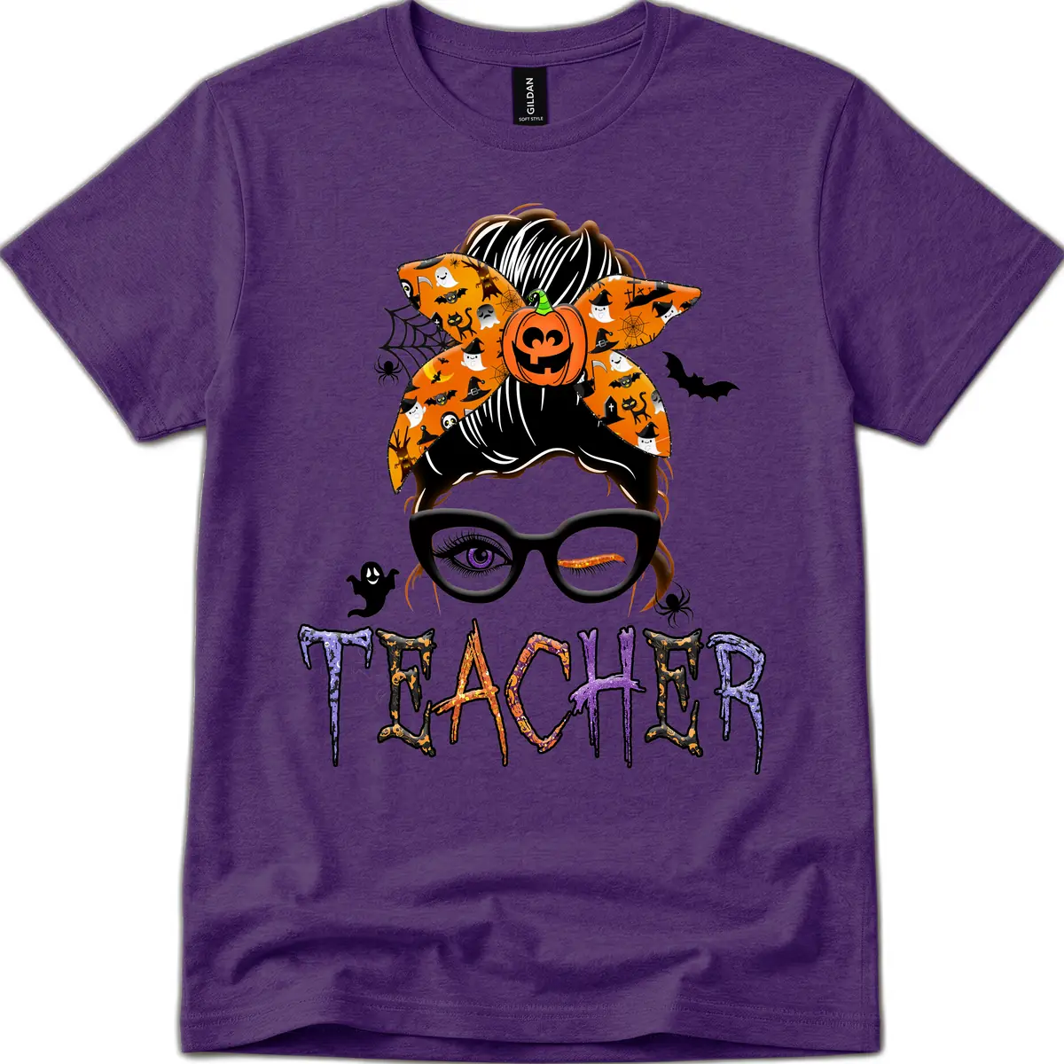 Halloween Teacher Messy Bun Pumpkin Spice T-Shirt in Purple