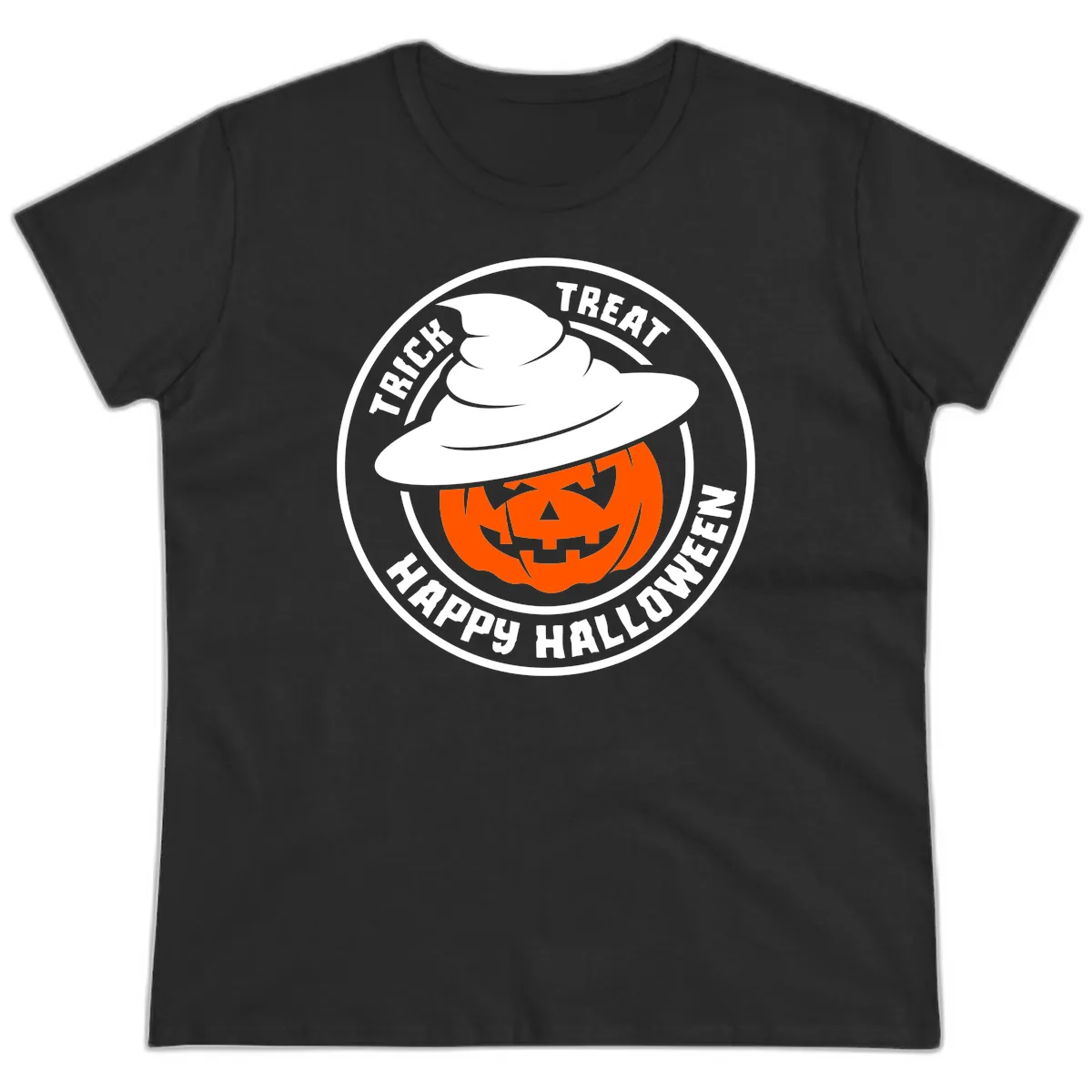 Happy Halloween Pumpkin Witch Hat Ladies Tee in Black