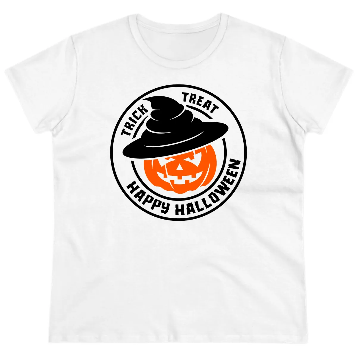 Happy Halloween Pumpkin Witch Hat Ladies Tee in White