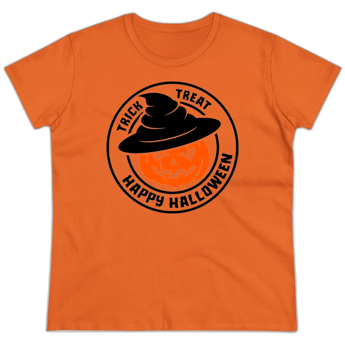 Happy Halloween Pumpkin Witch Hat Ladies Tee in Orange
