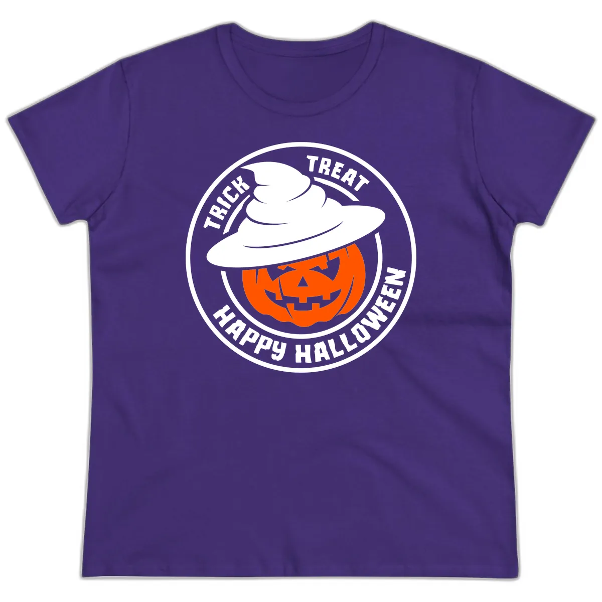 Happy Halloween Pumpkin Witch Hat Ladies Tee in Purple