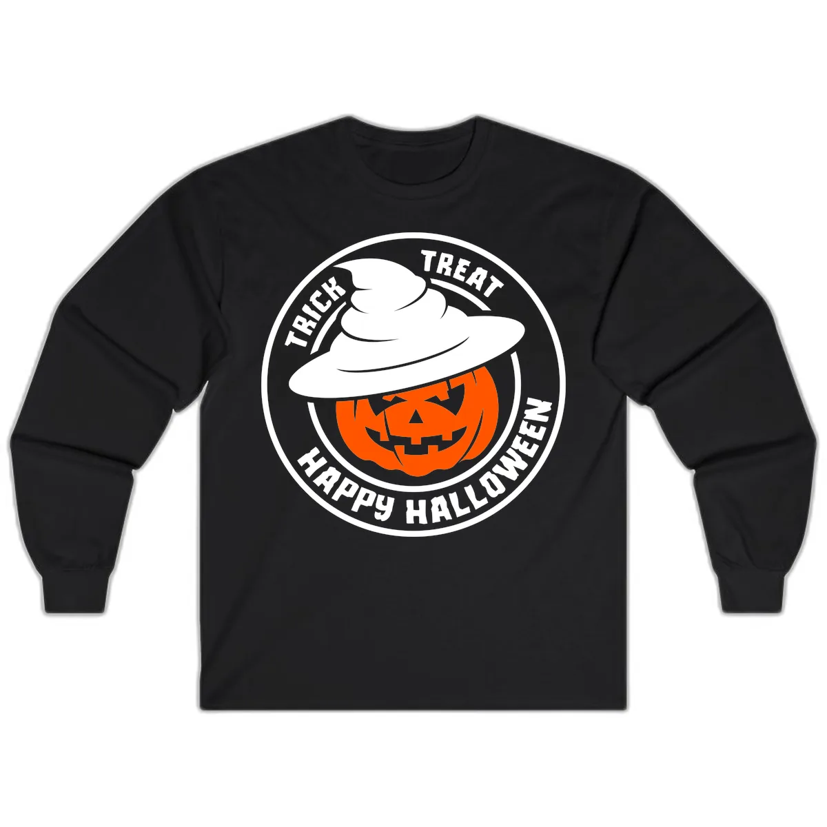 Happy Halloween Pumpkin Witch Hat Long Sleeve in Black