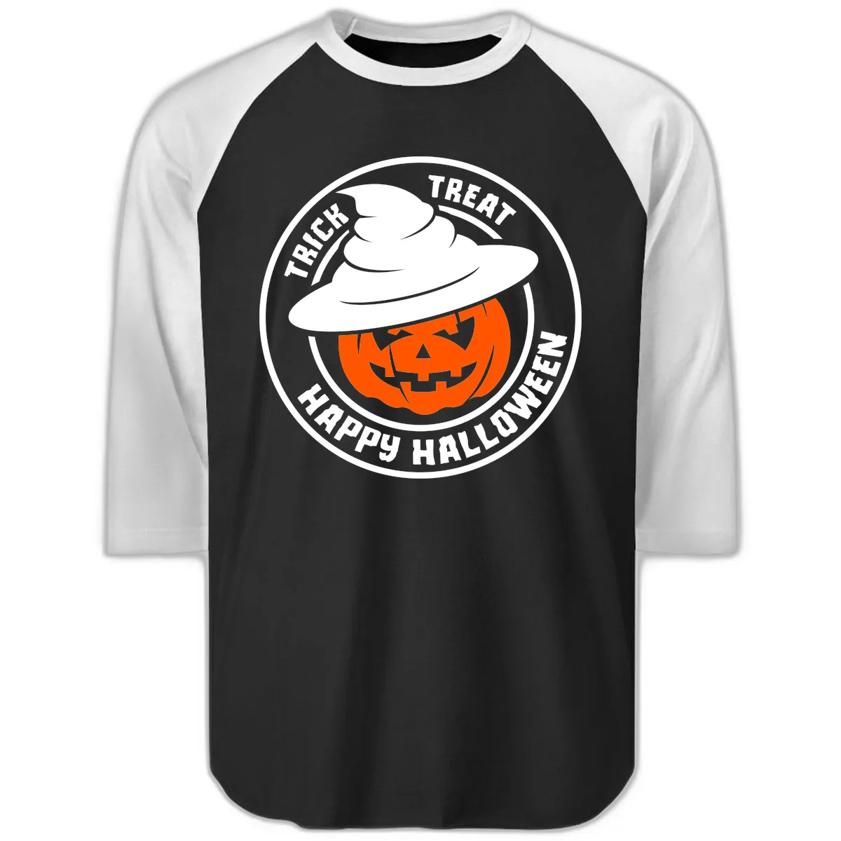 Happy Halloween Pumpkin Witch Hat Raglan 3/4 in Black White