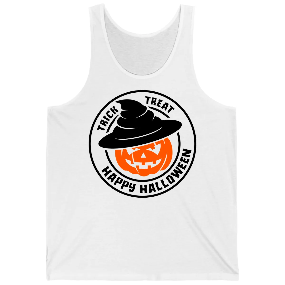 Happy Halloween Pumpkin Witch Hat Tank in White