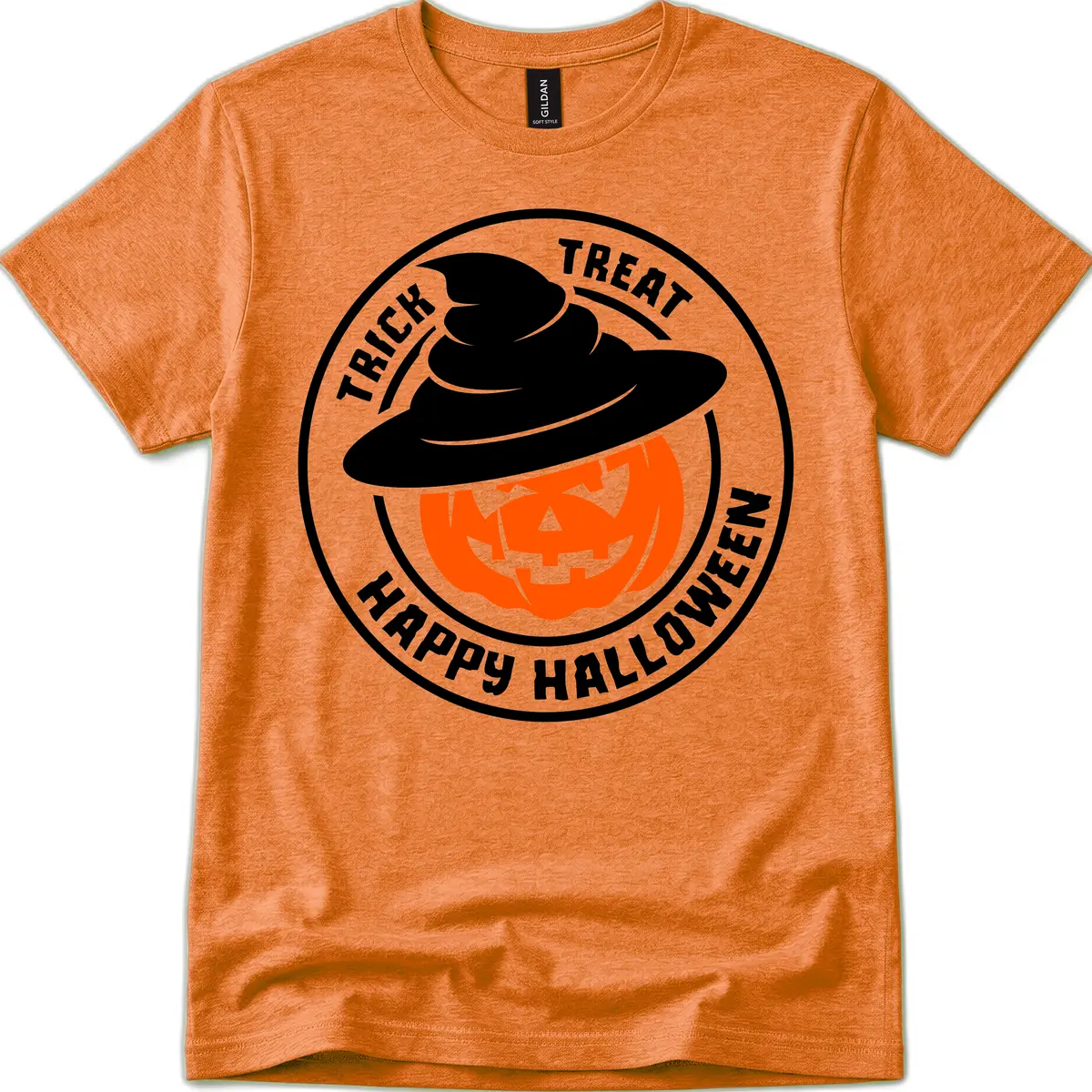 Happy Halloween Pumpkin Witch Hat T-Shirt in Heather Orange