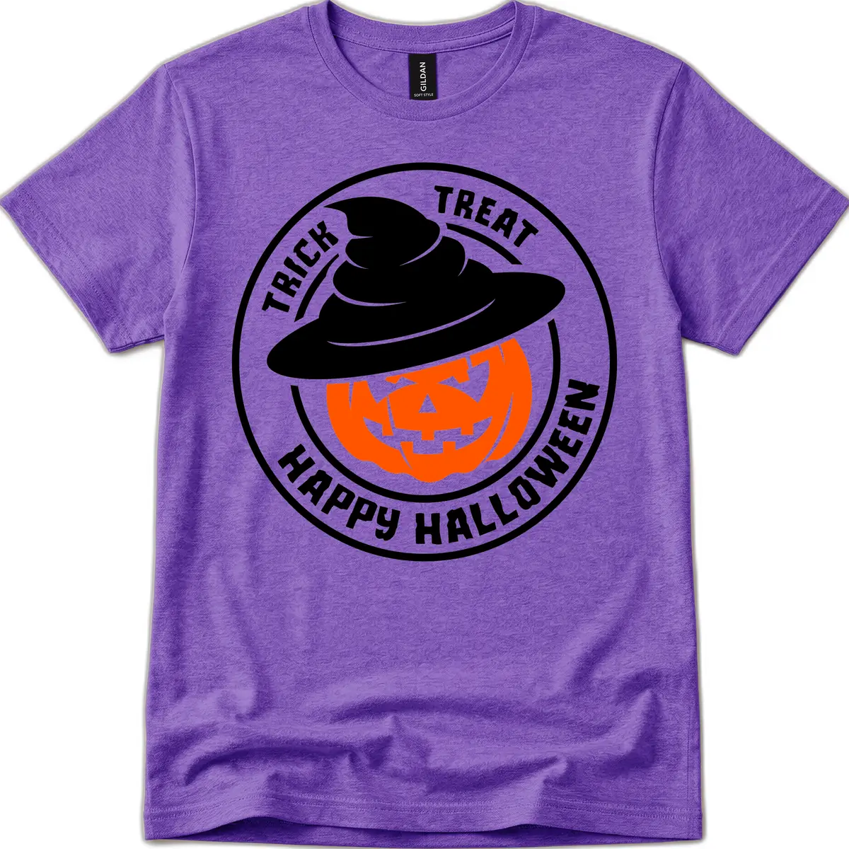 Happy Halloween Pumpkin Witch Hat T-Shirt in Heather Purple