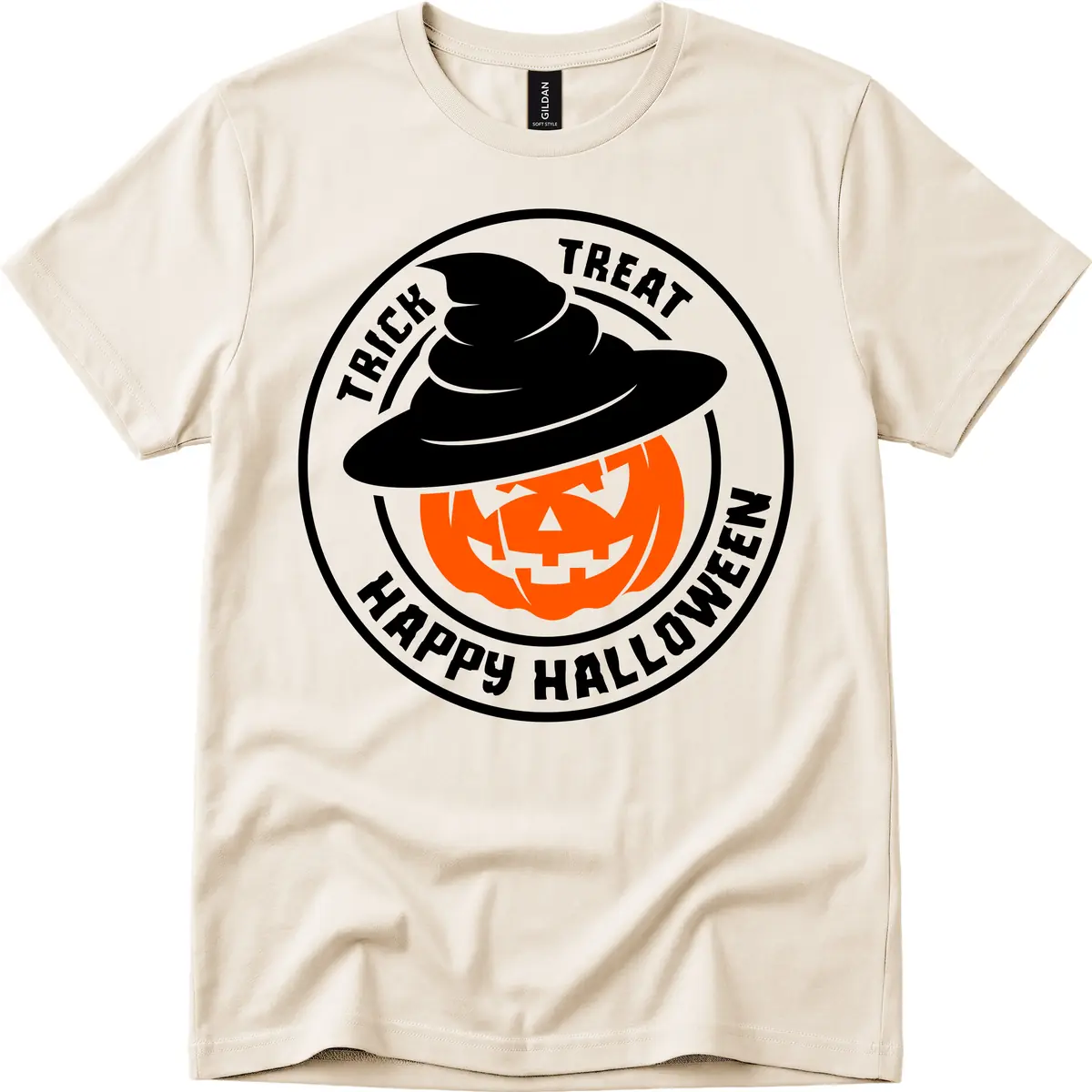 Happy Halloween Pumpkin Witch Hat T-Shirt in Natural
