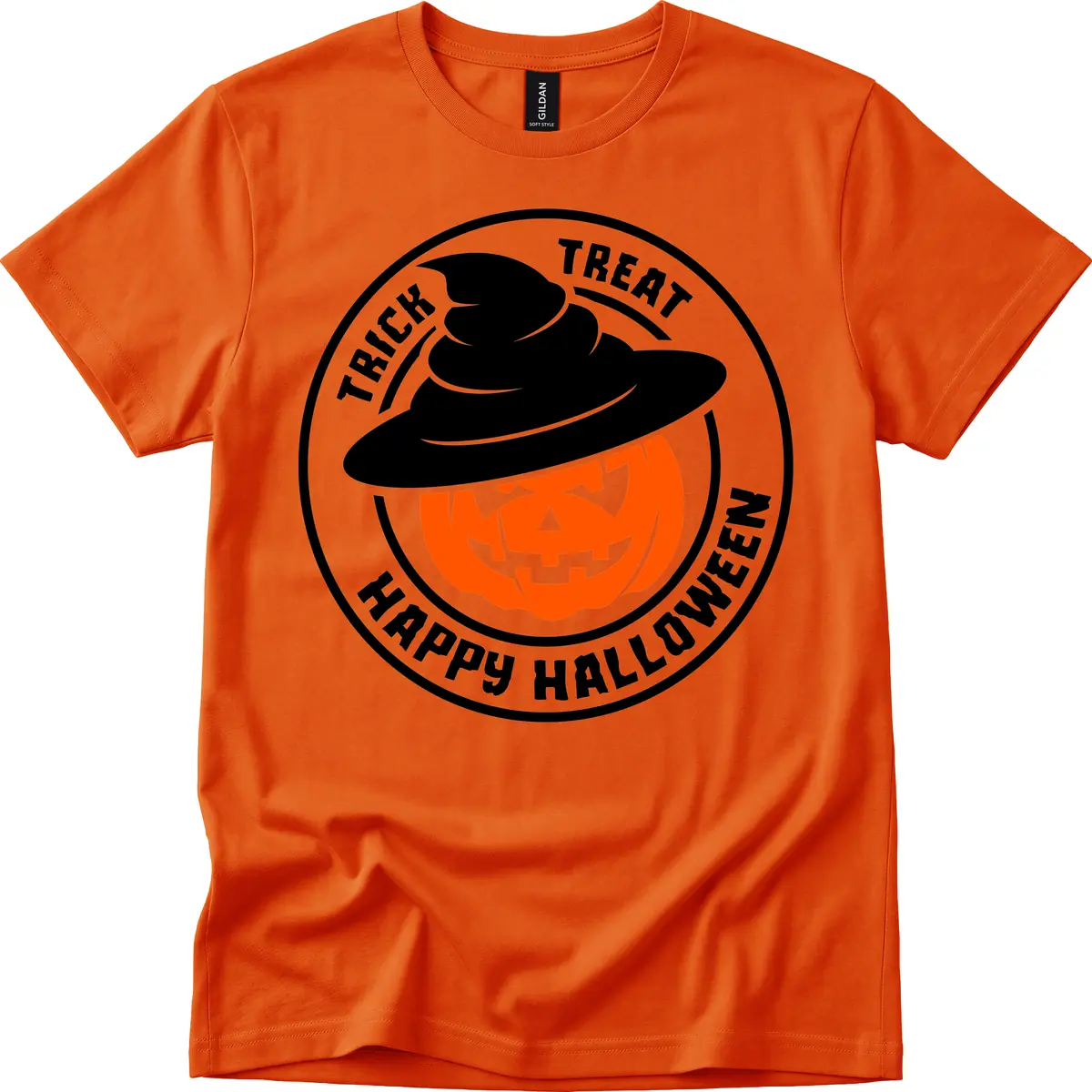 Happy Halloween Pumpkin Witch Hat T-Shirt in Orange