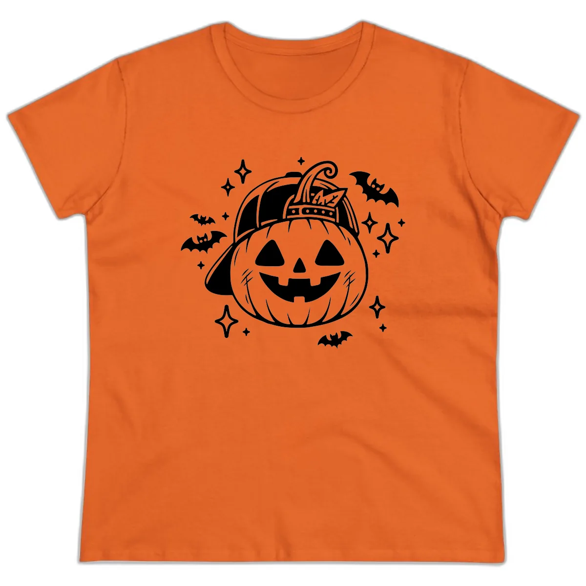 Cool Pumpkin In A Baseball Cap Ladies Tee in Orange