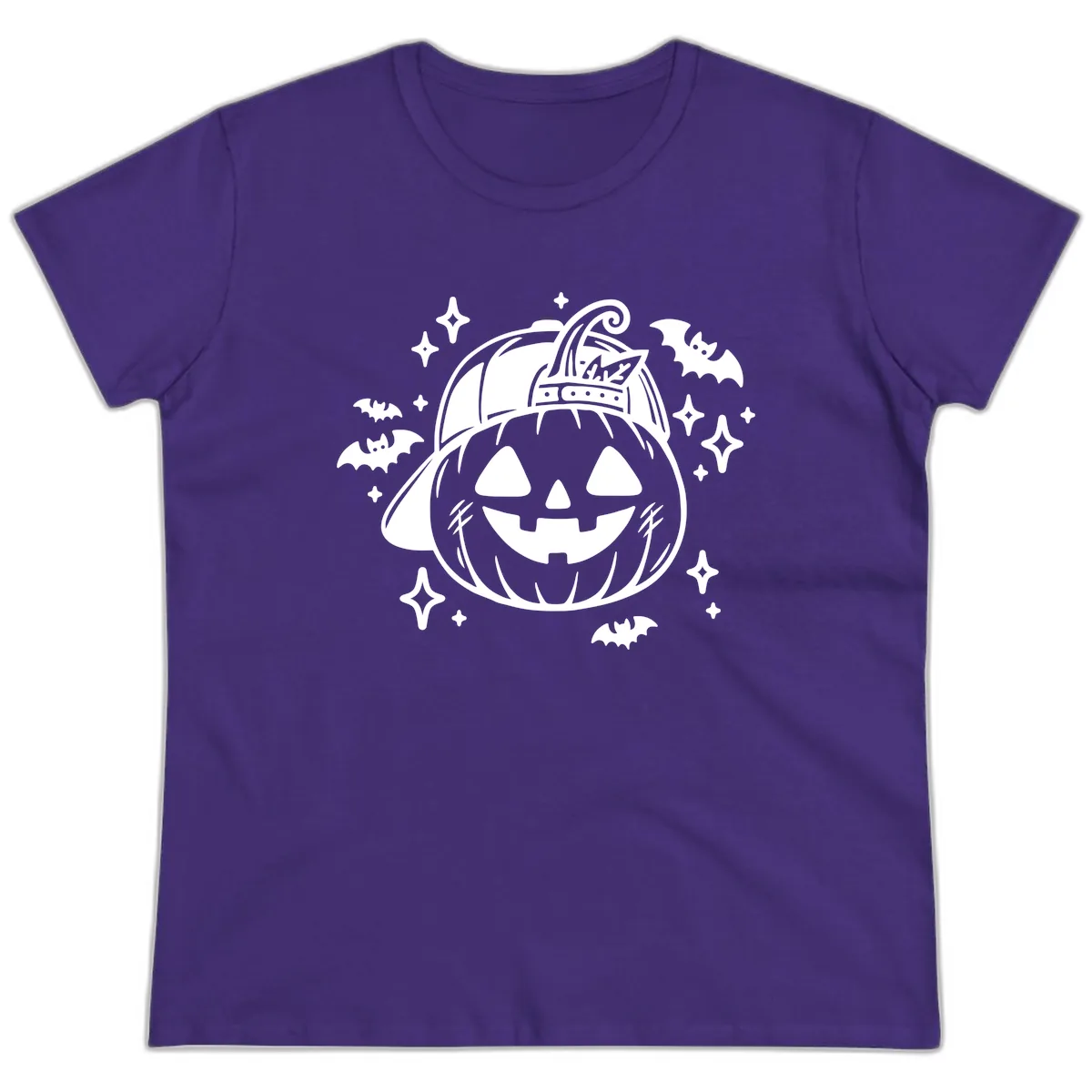 Cool Pumpkin In A Baseball Cap Ladies Tee in Purple
