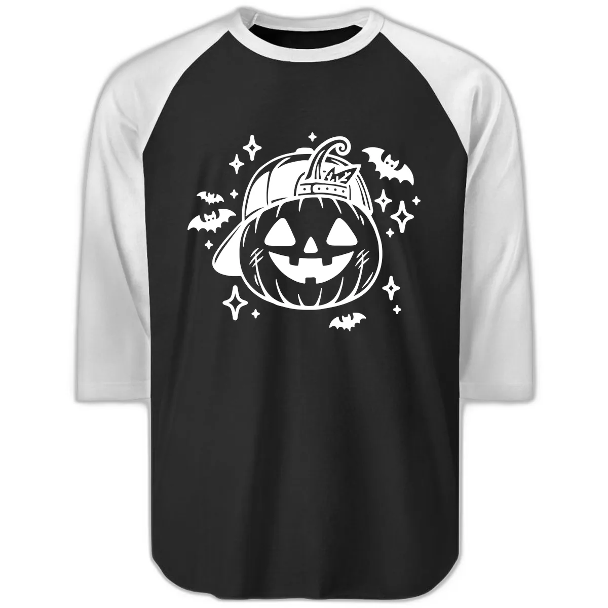 Cool Pumpkin In A Baseball Cap Raglan 3/4 in Black White