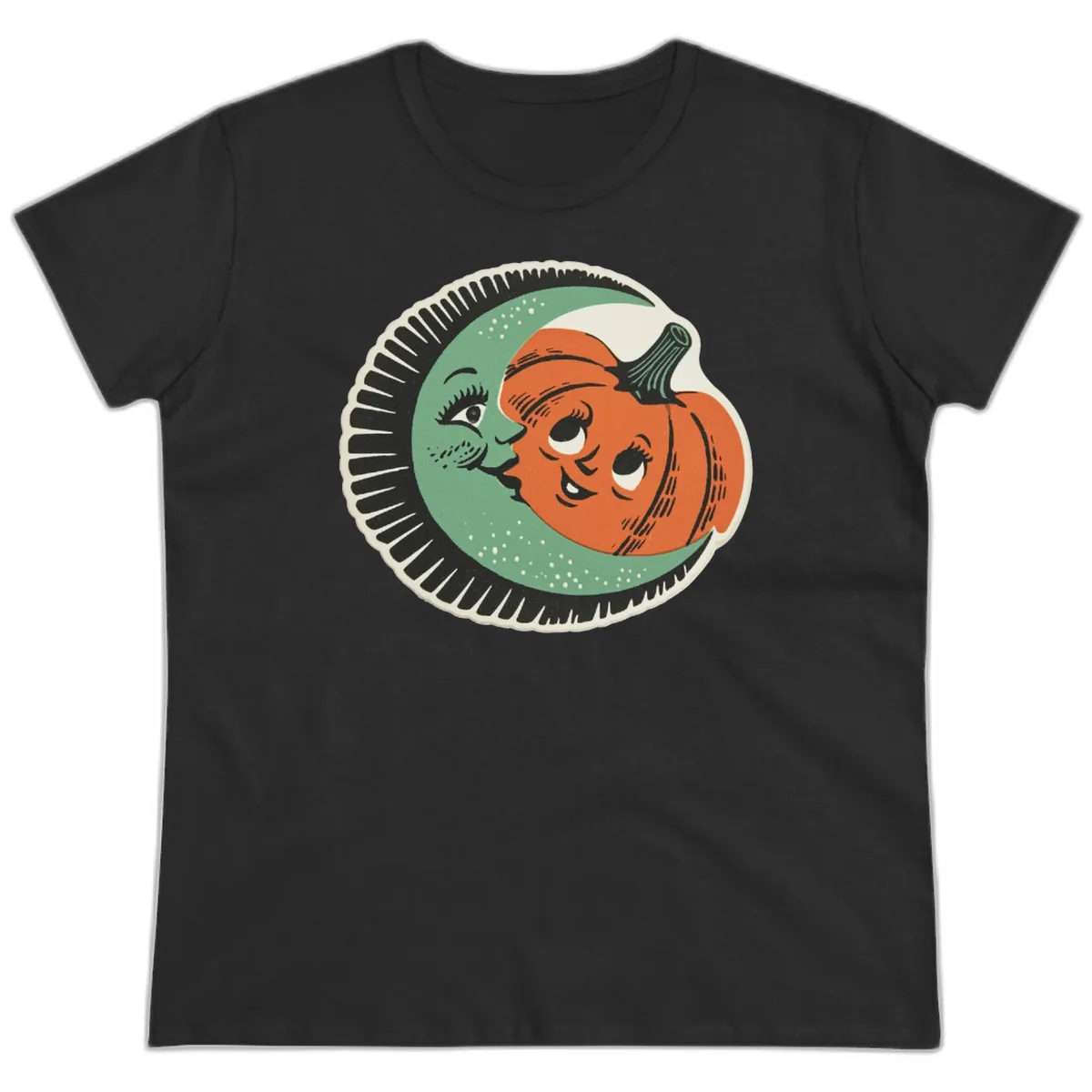 Happy Moon and Pumpkin Pals Ladies Tee in Black