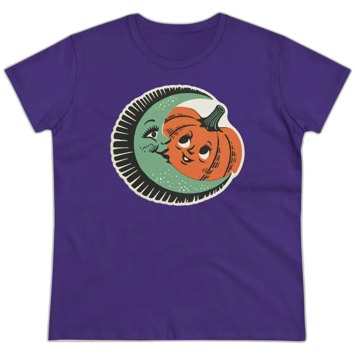 Happy Moon and Pumpkin Pals Ladies Tee in Purple