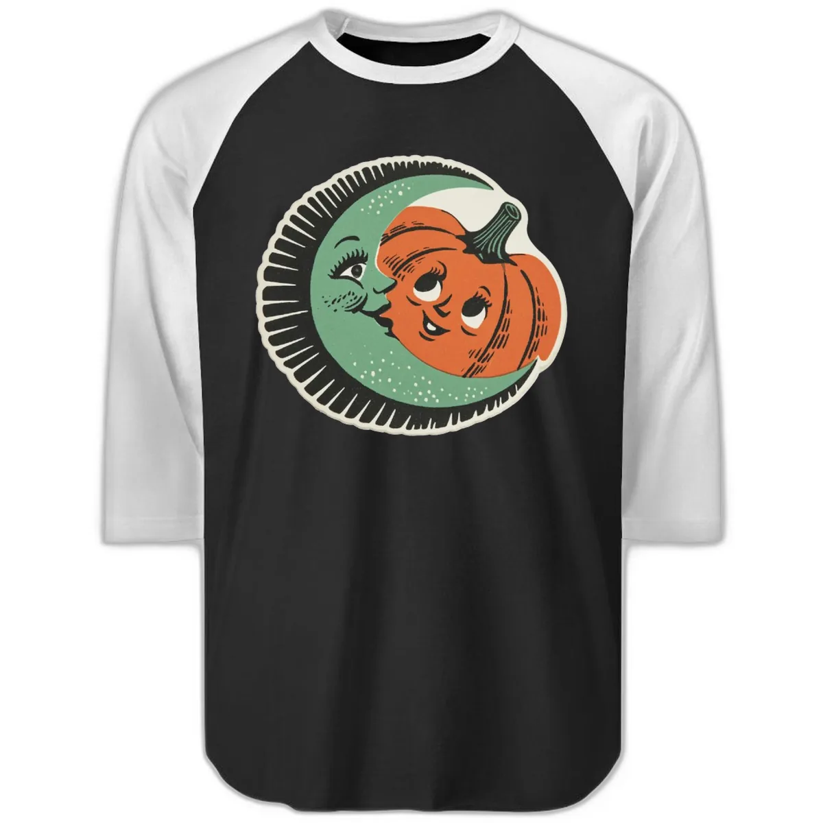 Happy Moon and Pumpkin Pals Raglan 3/4 in Black White