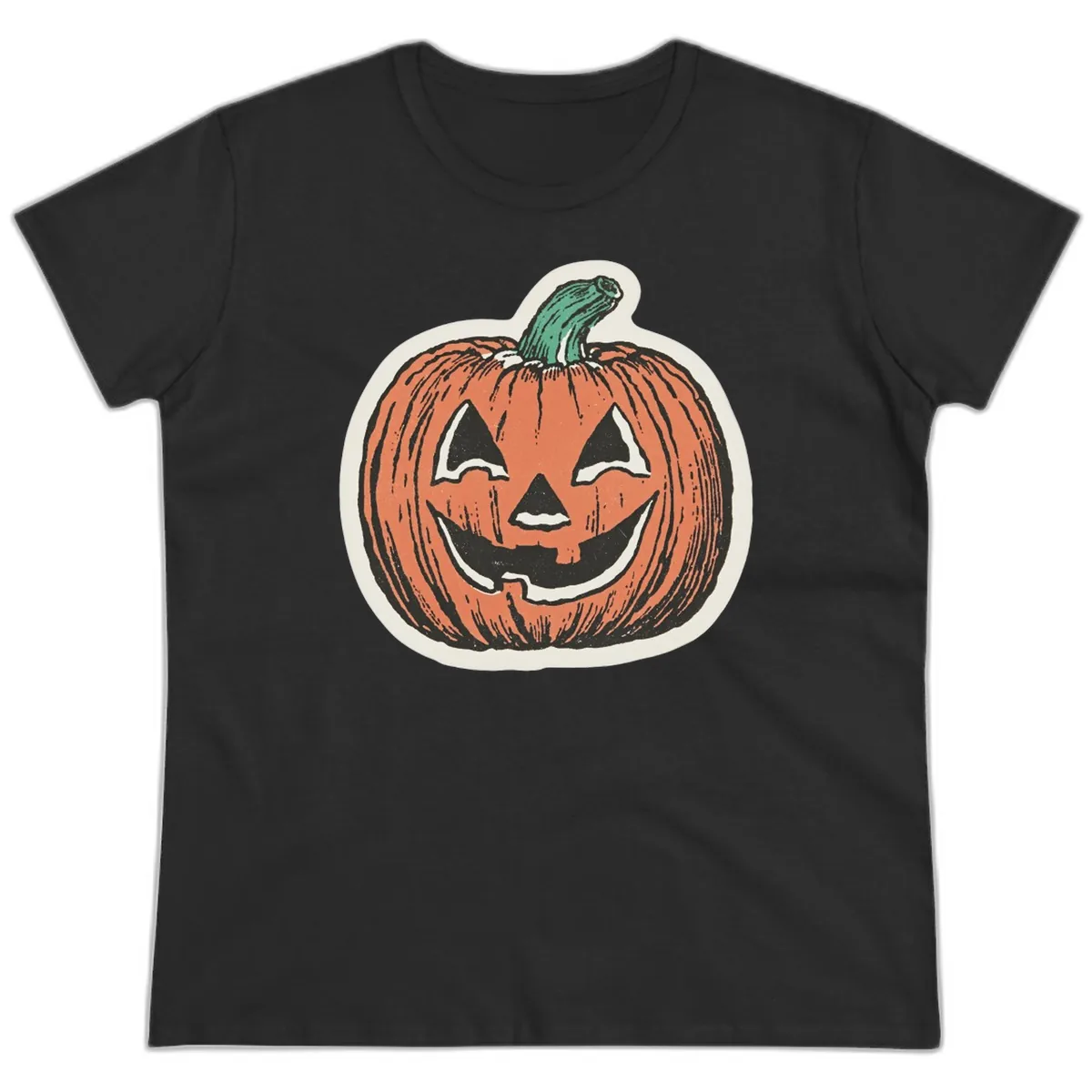 Spooky Grinning Jack O Lantern Ladies Tee in Black