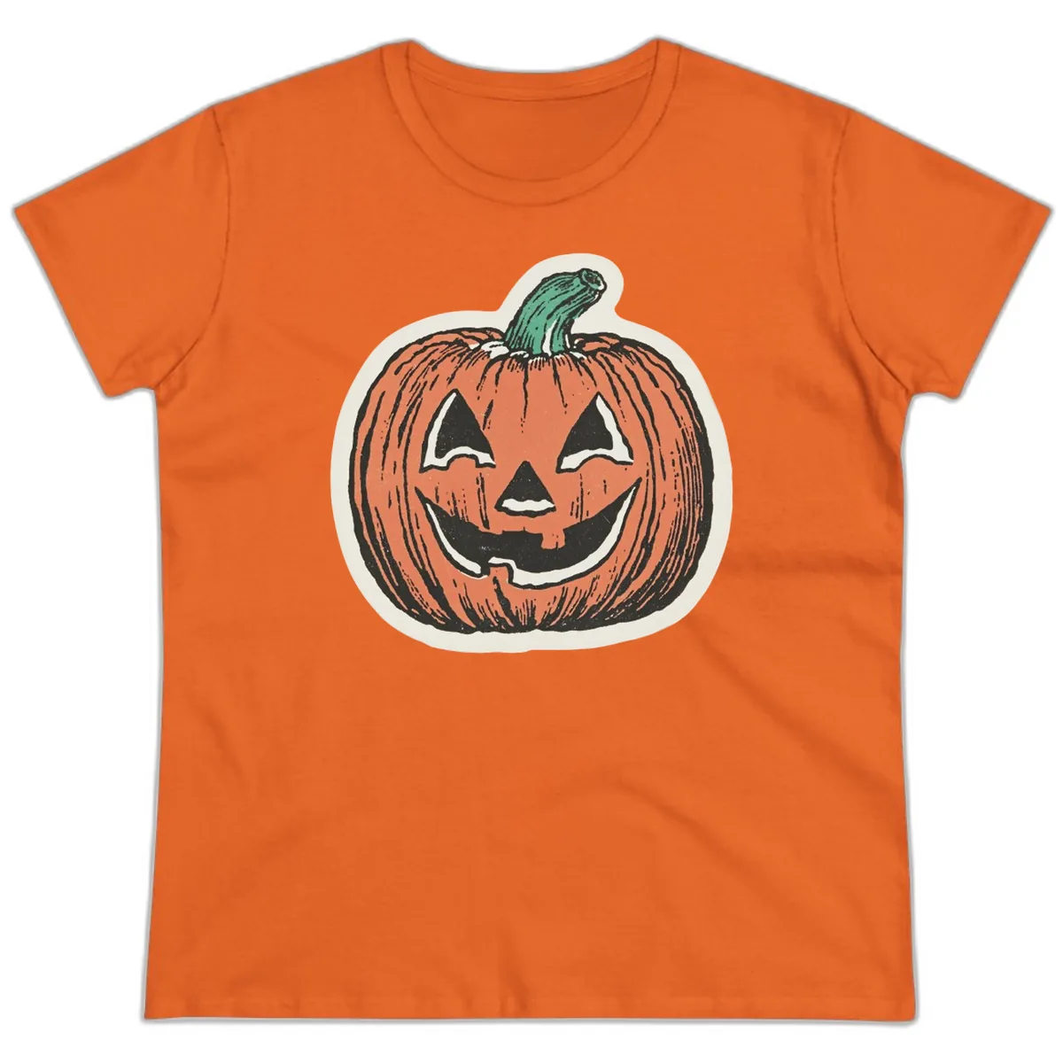 Spooky Grinning Jack O Lantern Ladies Tee in Orange