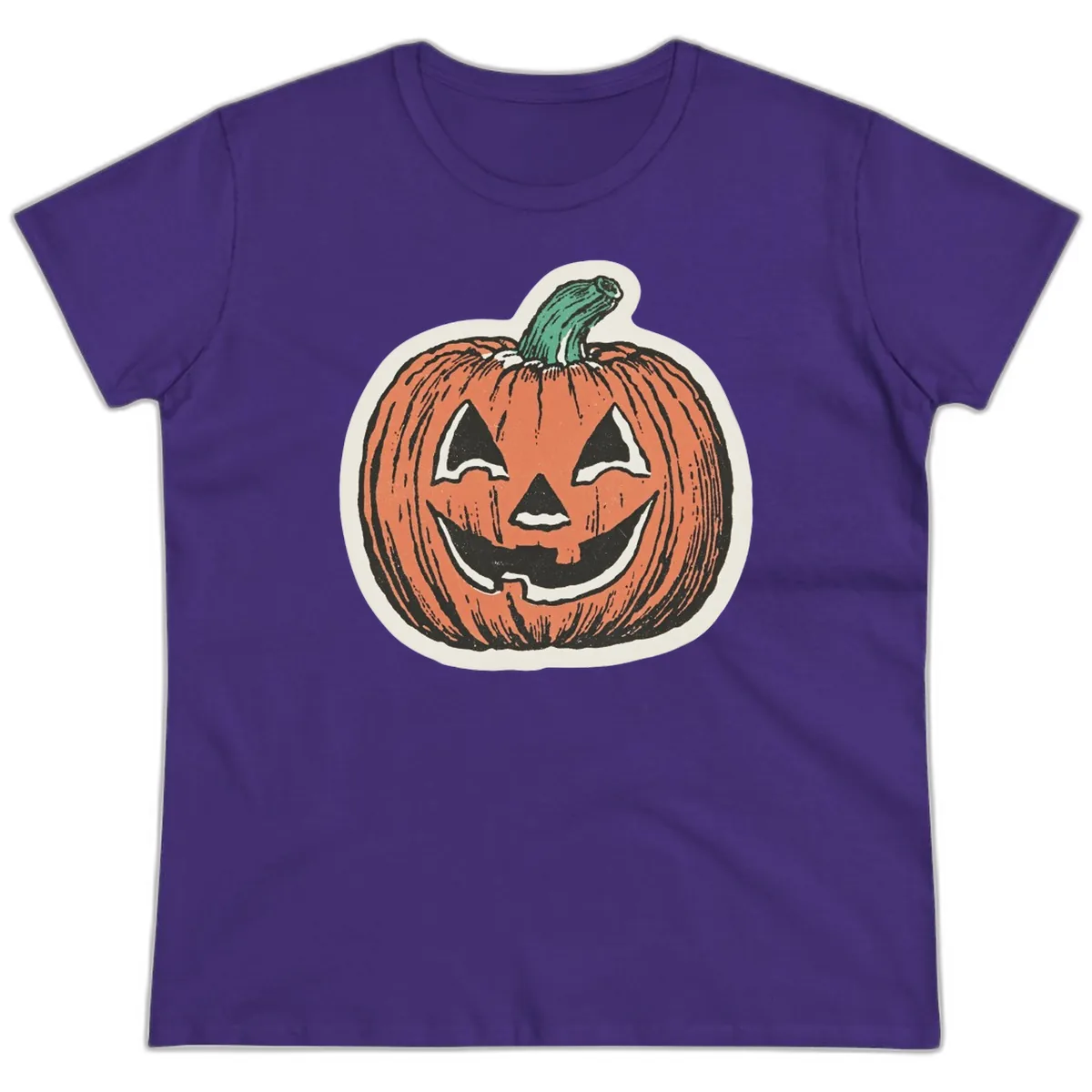 Spooky Grinning Jack O Lantern Ladies Tee in Purple