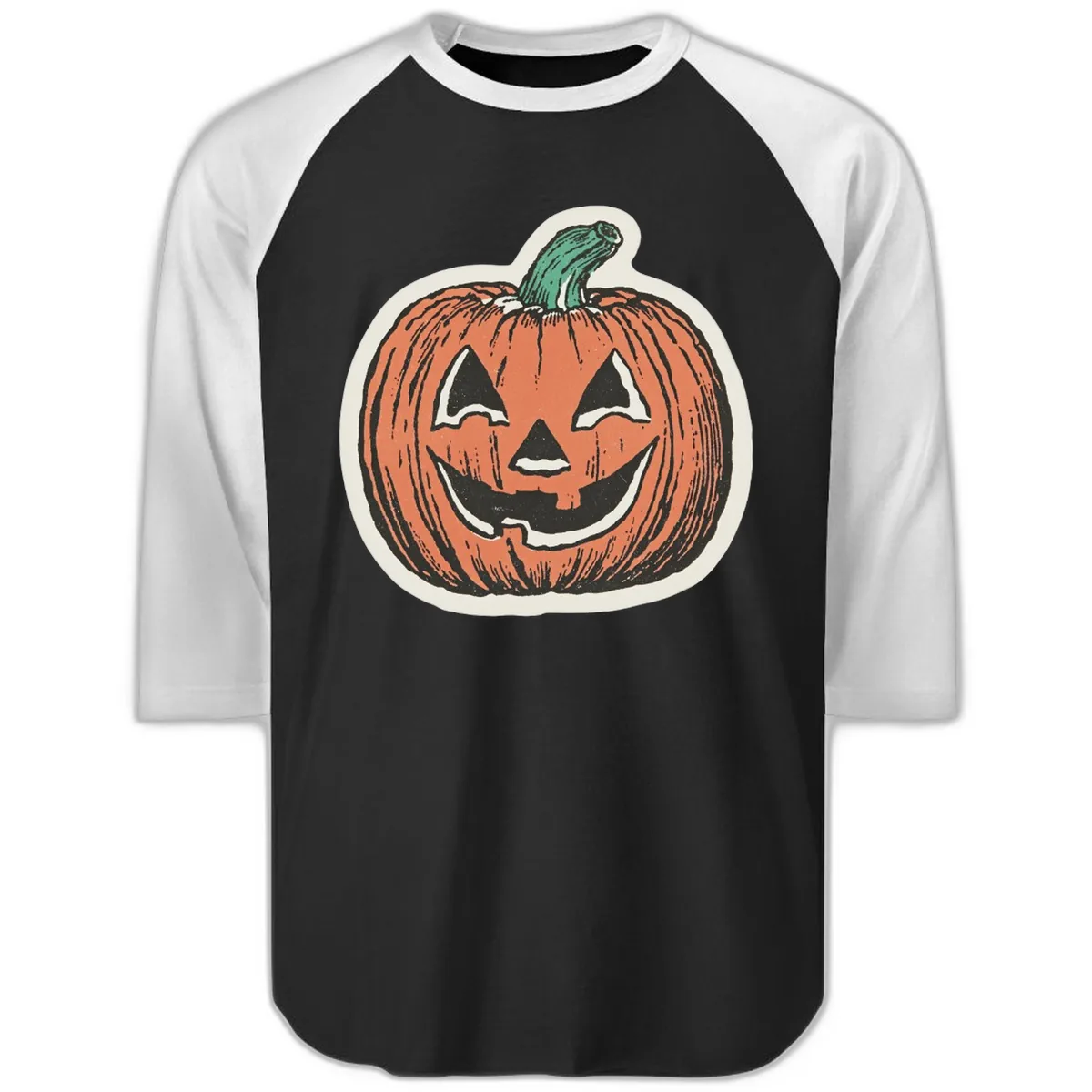 Spooky Grinning Jack O Lantern Raglan 3/4 in Black White