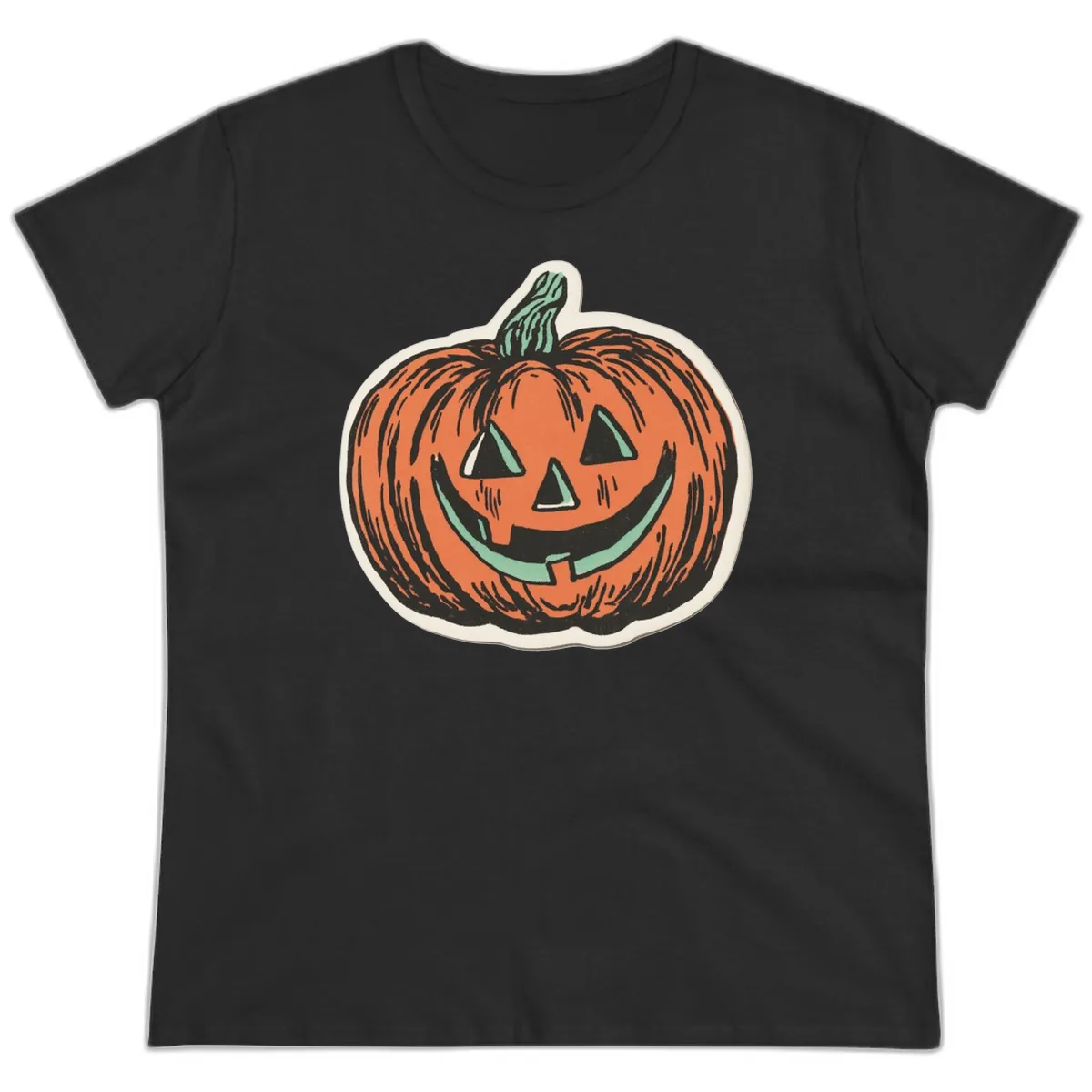 Classic Jack O Lantern Smile Ladies Tee in Black