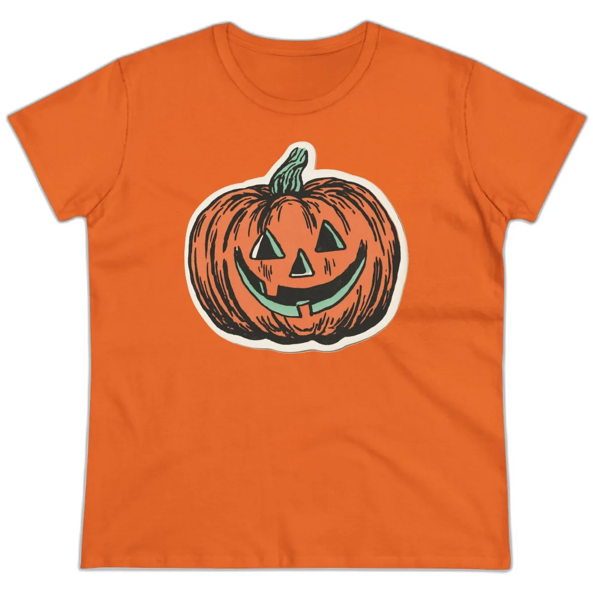 Classic Jack O Lantern Smile Ladies Tee in Orange