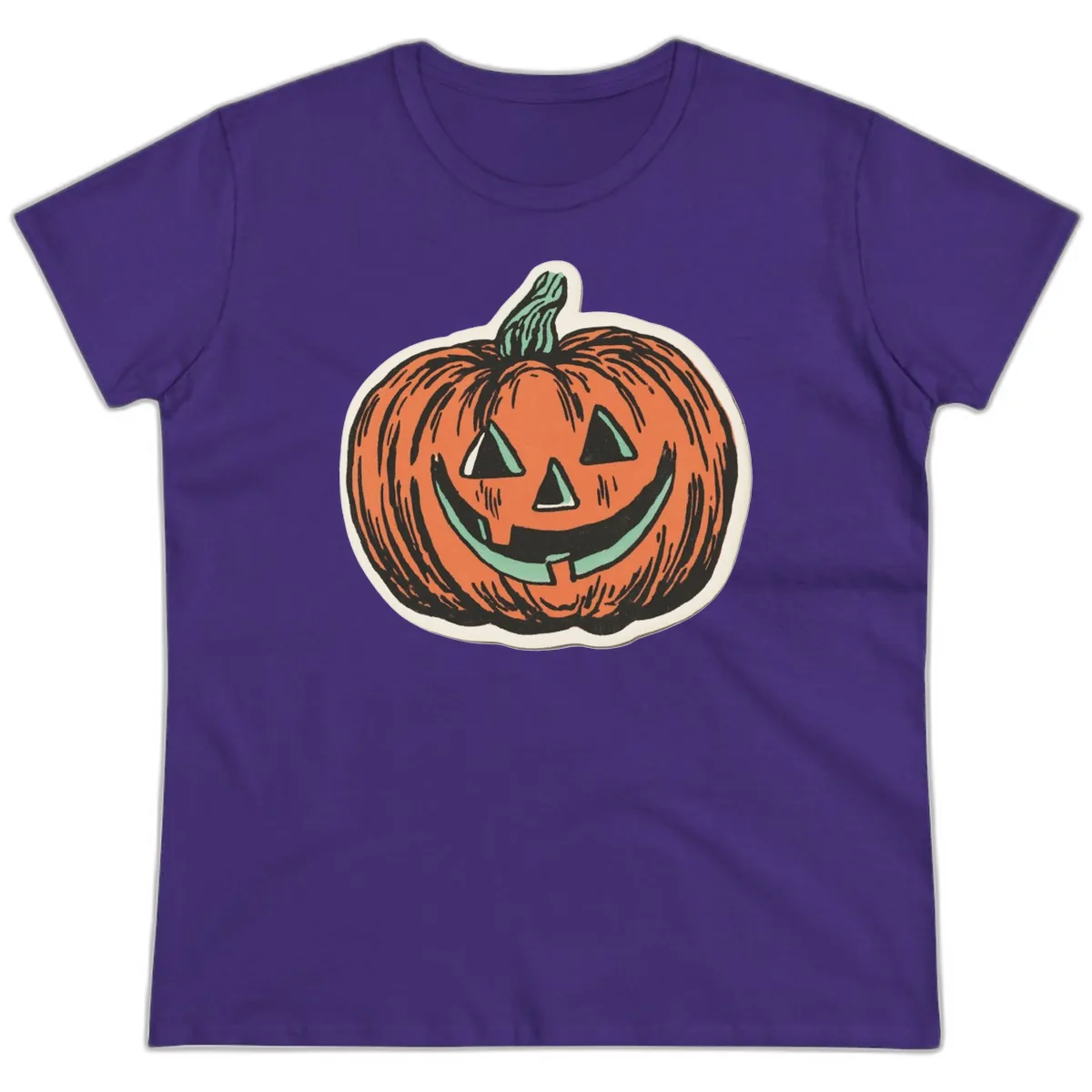 Classic Jack O Lantern Smile Ladies Tee in Purple