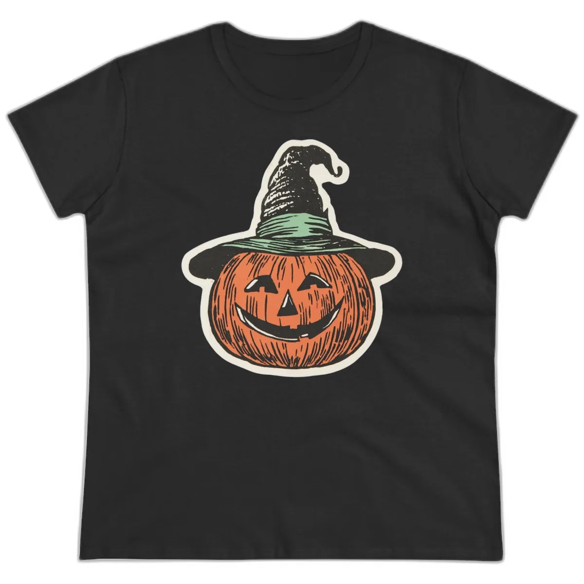 Jack-O-Lantern Witch Hat Halloween Ladies Tee in Black