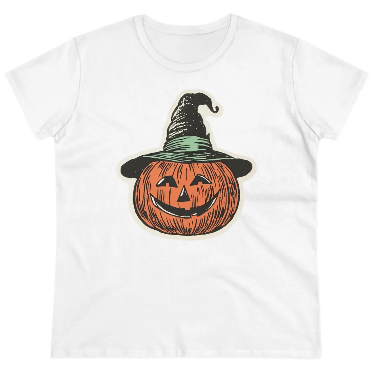 Jack-O-Lantern Witch Hat Halloween Ladies Tee in White