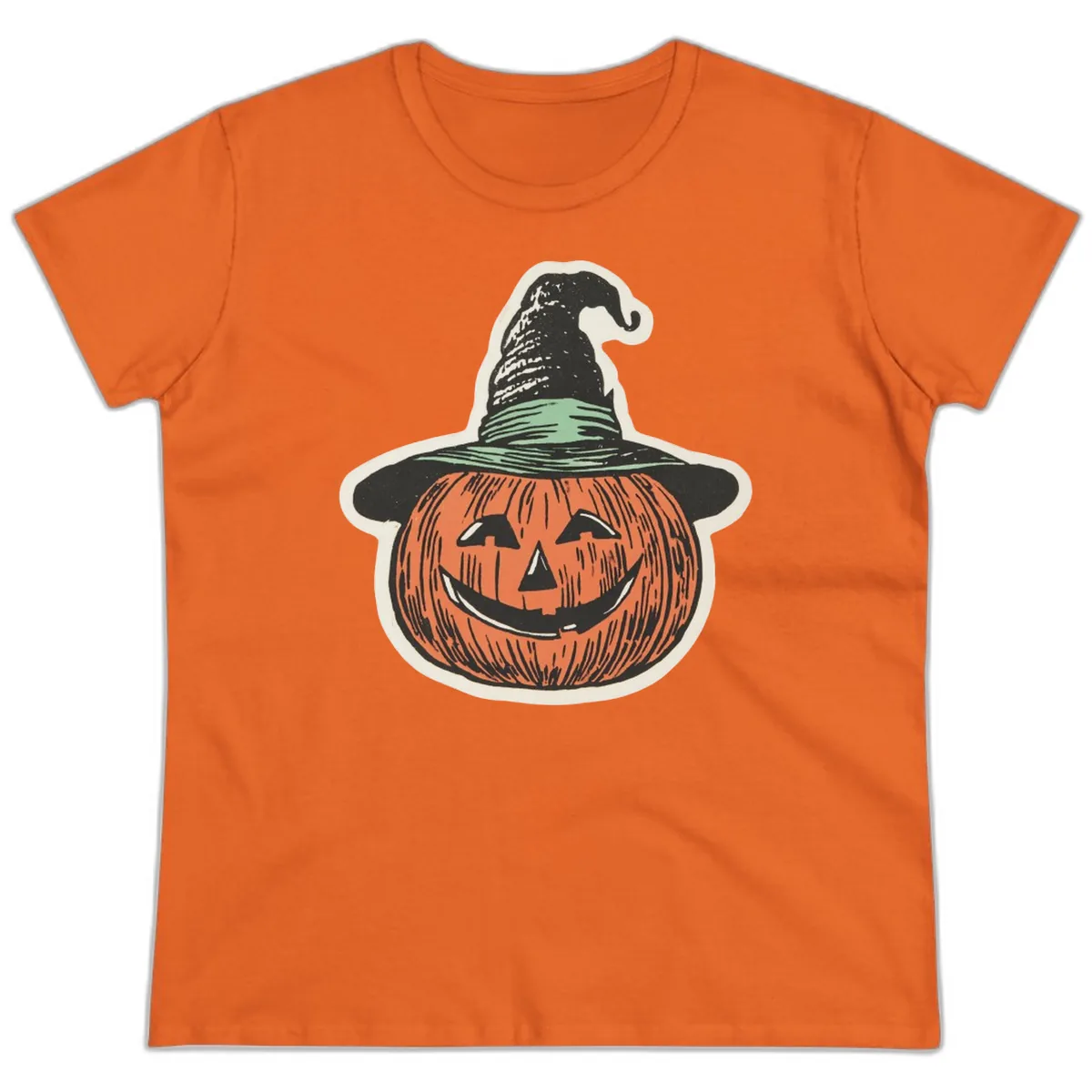 Jack-O-Lantern Witch Hat Halloween Ladies Tee in Orange