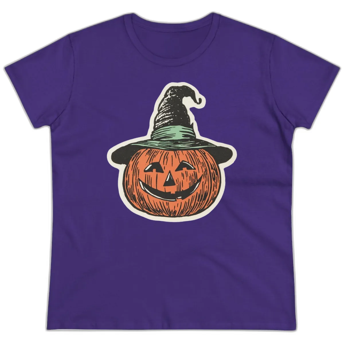 Jack-O-Lantern Witch Hat Halloween Ladies Tee in Purple