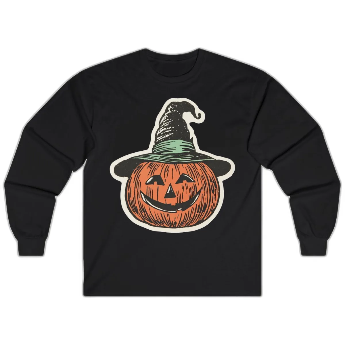 Jack-O-Lantern Witch Hat Halloween Long Sleeve in Black