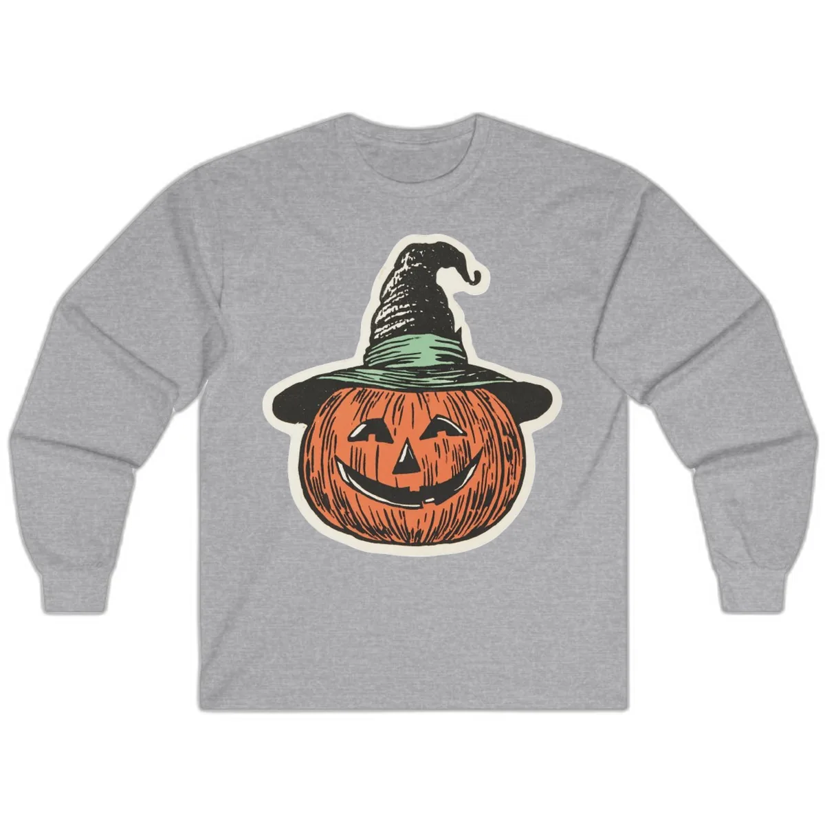 Jack-O-Lantern Witch Hat Halloween Long Sleeve in Sport Grey