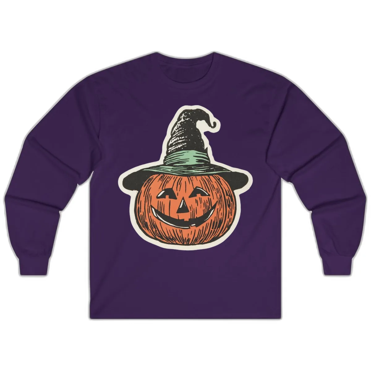 Jack-O-Lantern Witch Hat Halloween Long Sleeve in Purple