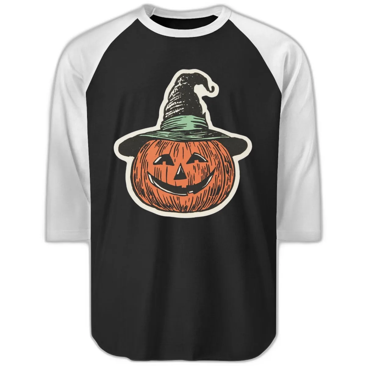 Jack-O-Lantern Witch Hat Halloween Raglan 3/4 in Black White
