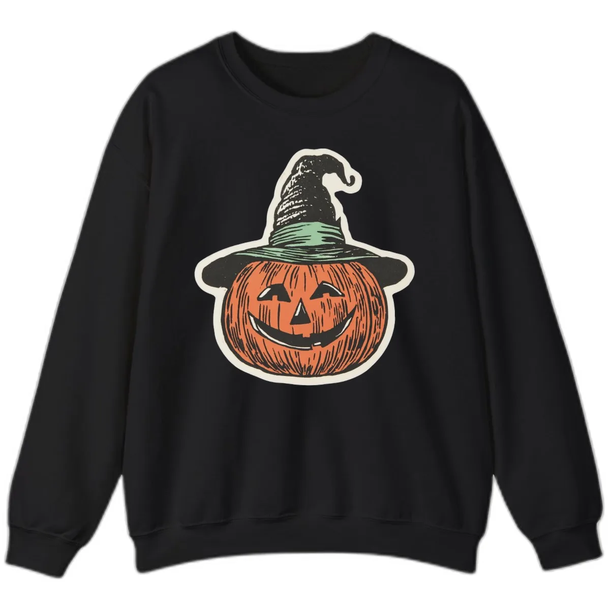 Jack-O-Lantern Witch Hat Halloween Sweatshirt in Black