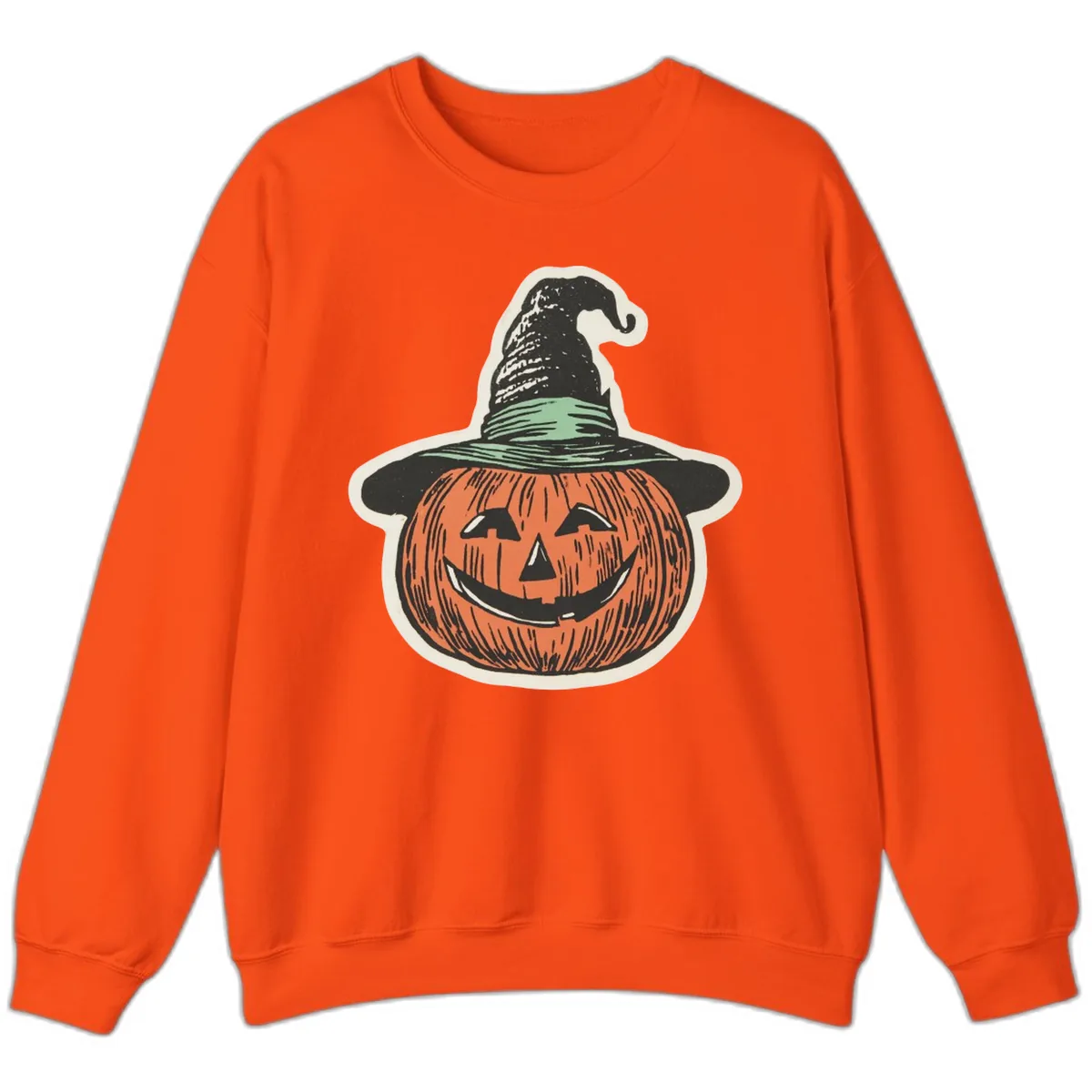 Jack-O-Lantern Witch Hat Halloween Sweatshirt in Orange