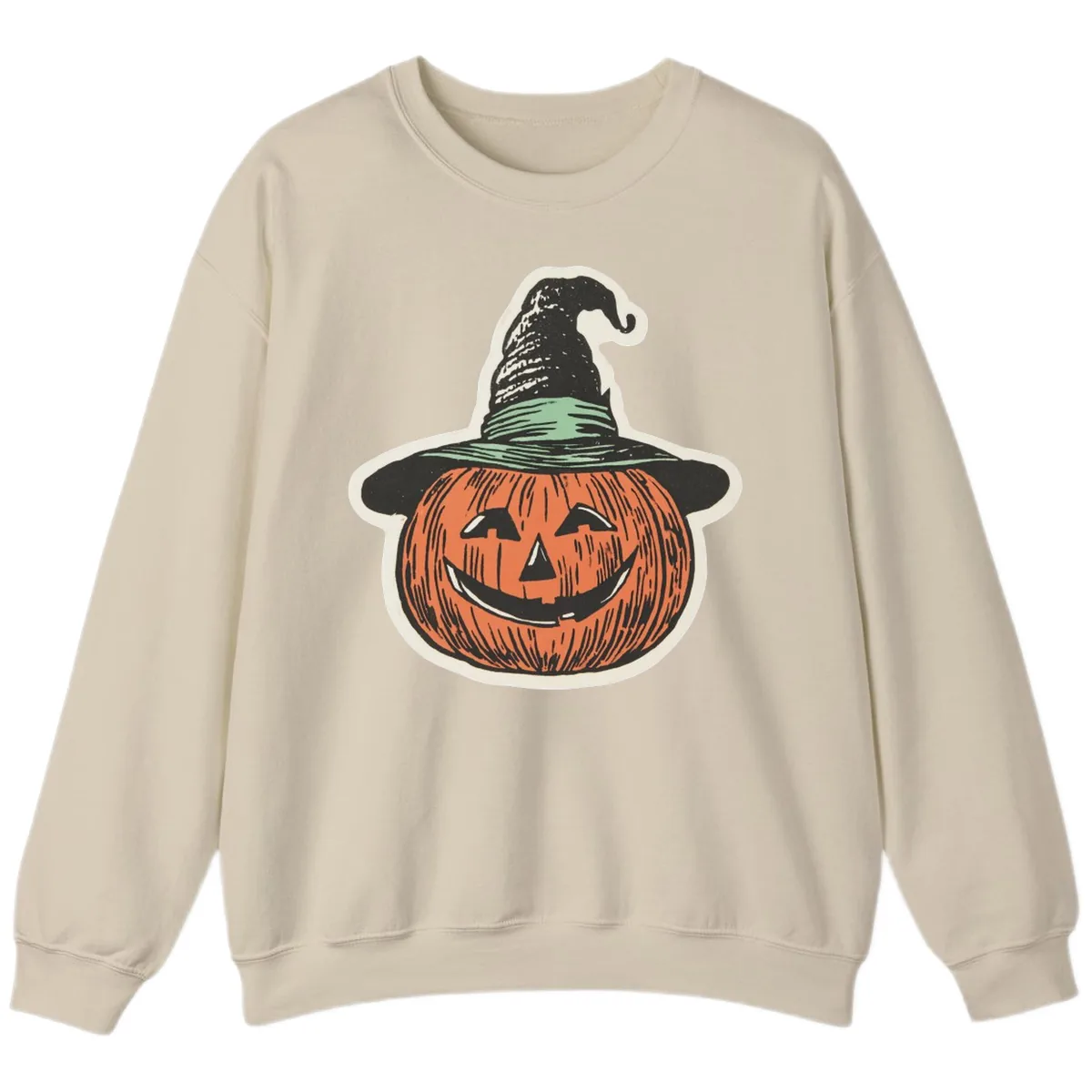 Jack-O-Lantern Witch Hat Halloween Sweatshirt in Sand