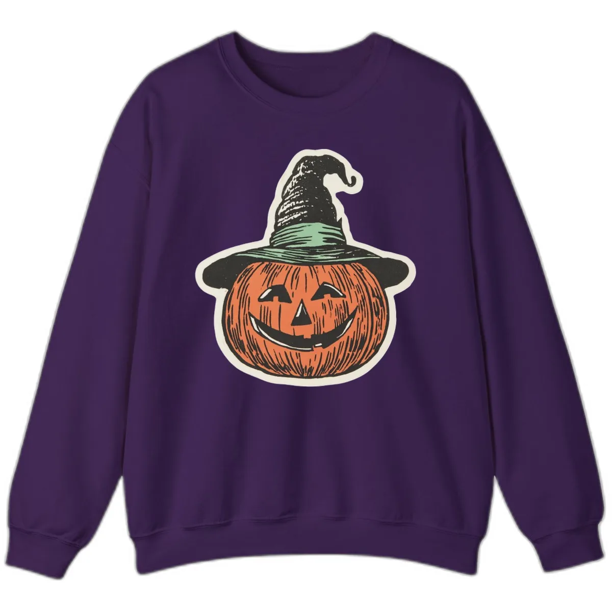 Jack-O-Lantern Witch Hat Halloween Sweatshirt in Purple