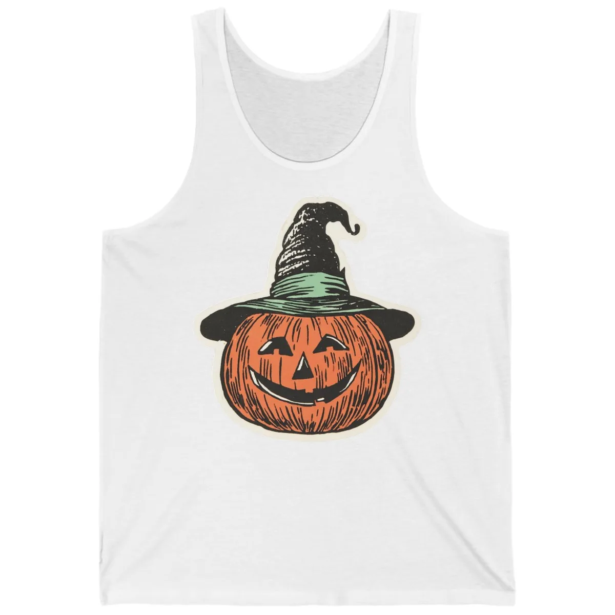 Jack-O-Lantern Witch Hat Halloween Tank in White