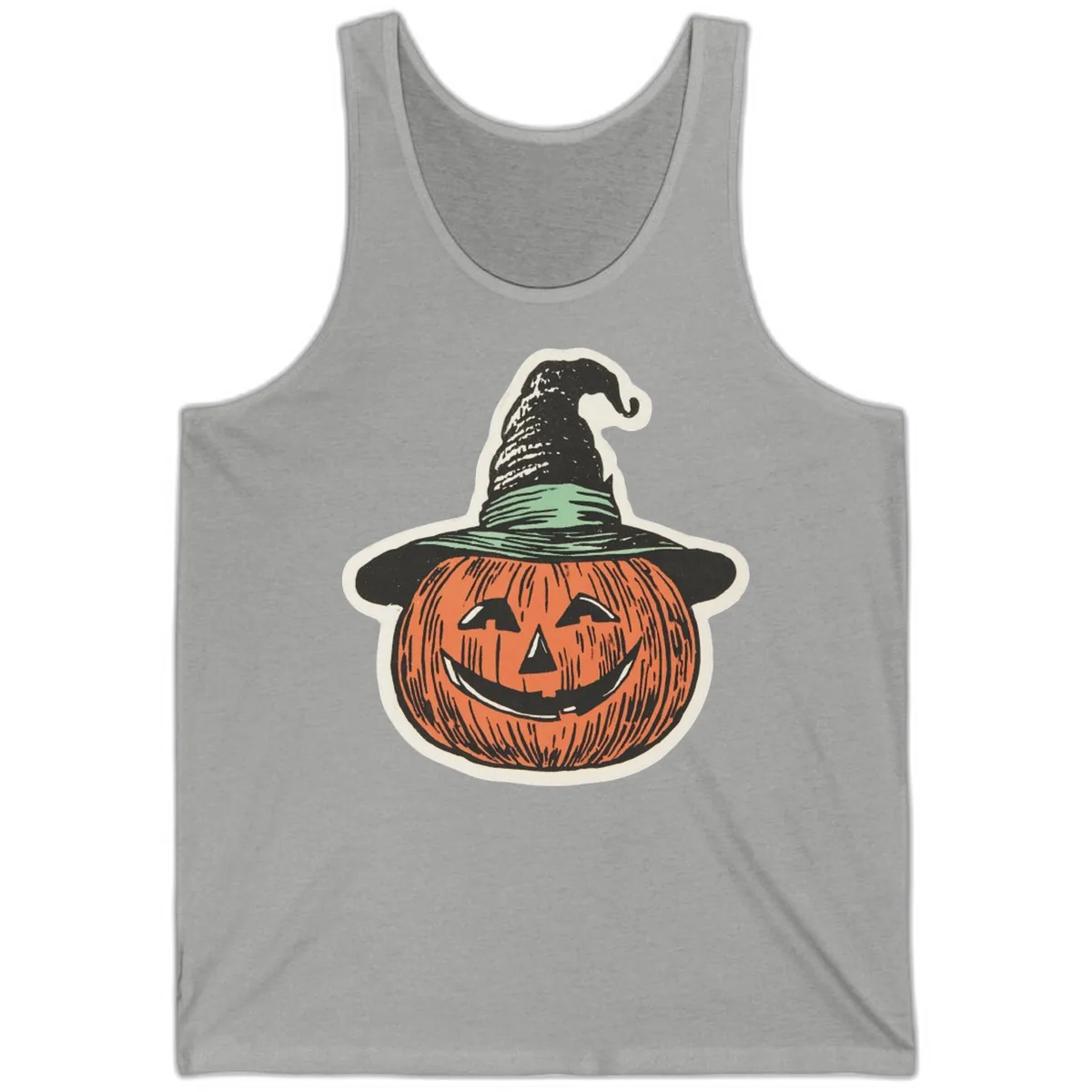 Jack-O-Lantern Witch Hat Halloween Tank in Athletic Heather