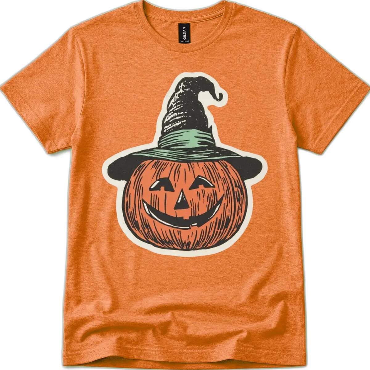 Jack-O-Lantern Witch Hat Halloween T-Shirt in Heather Orange