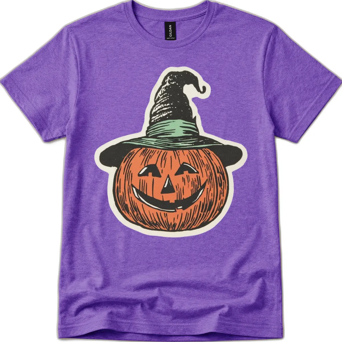 Jack-O-Lantern Witch Hat Halloween T-Shirt in Heather Purple