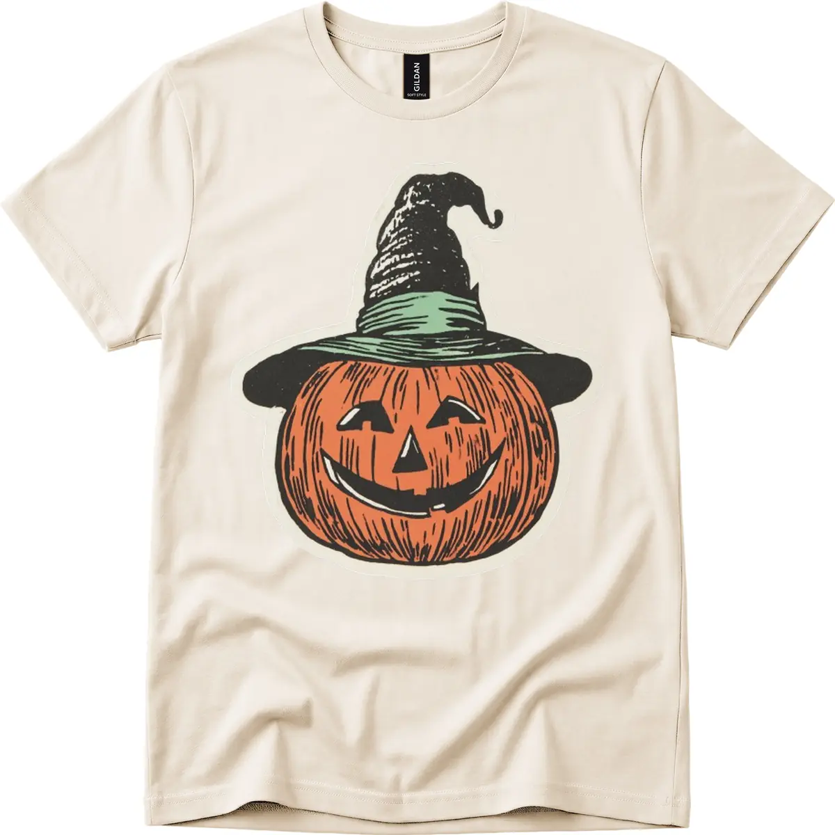 Jack-O-Lantern Witch Hat Halloween T-Shirt in Natural