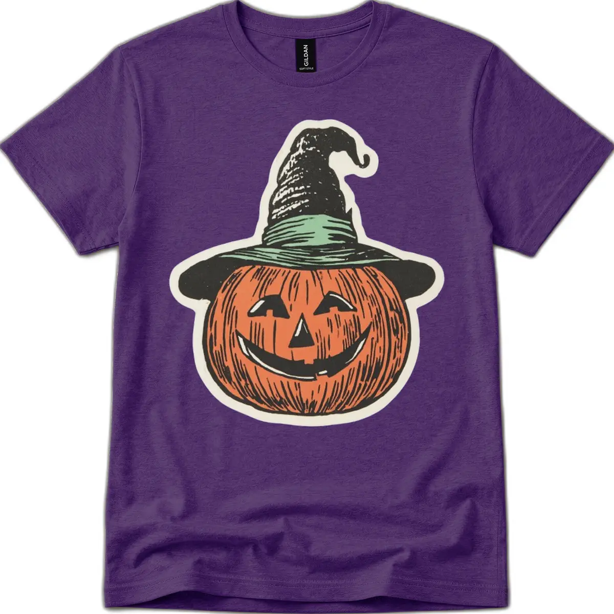 Jack-O-Lantern Witch Hat Halloween T-Shirt in Purple