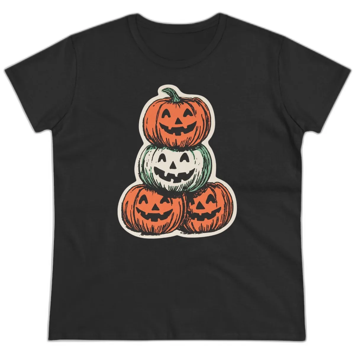 Stacked Halloween Jack-o'-Lanterns Trio Ladies Tee in Black