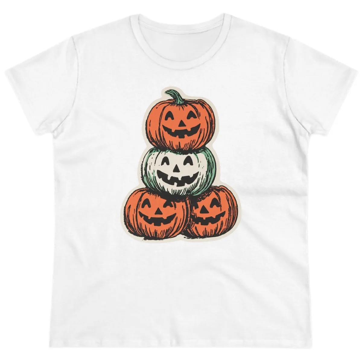 Stacked Halloween Jack-o'-Lanterns Trio Ladies Tee in White