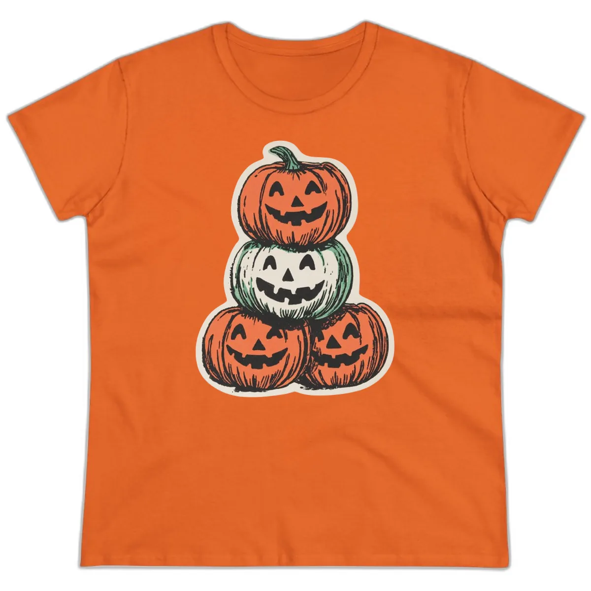 Stacked Halloween Jack-o'-Lanterns Trio Ladies Tee in Orange