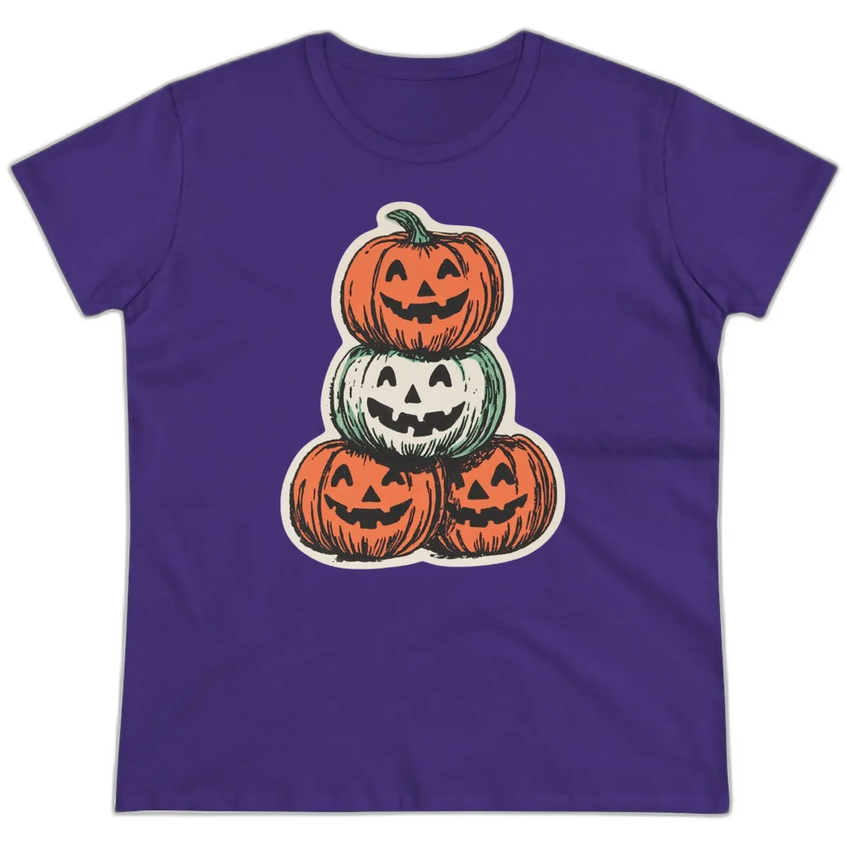 Stacked Halloween Jack-o'-Lanterns Trio Ladies Tee in Purple