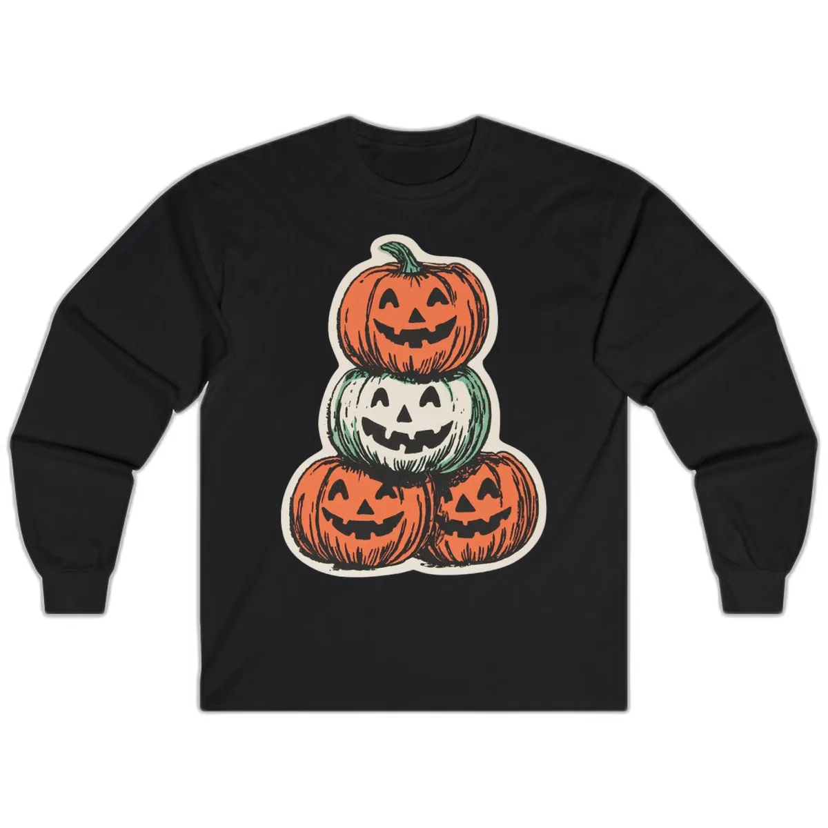 Stacked Halloween Jack-o'-Lanterns Trio Long Sleeve in Black