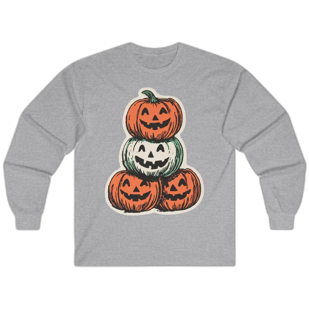 Stacked Halloween Jack-o'-Lanterns Trio Long Sleeve in Sport Grey