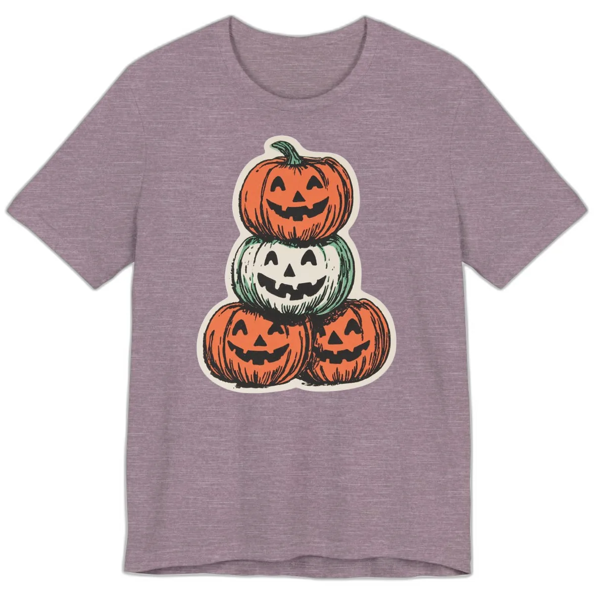 Stacked Halloween Jack-o'-Lanterns Trio Premium T-Shirt in Heather Purple